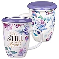 Christian Art Gifts Ceramic Coffee or Tea Mug with Lid or Coaster Large 13 oz Purple Roses Be Still and Know – Psalm 46:10 Bible Verse Encouraging Gift for Women Teacup with Lid