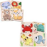 Pack of 8 Wooden Animals Puzzles for Toddlers & Wooden Ocean Theme Puzzles for Toddlers 1-3