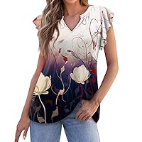 Trendy Tops for Women 2024 Vintage Elegant Floral Printed Casual Shirts Sexy V Neck Ruffle Short Sleeve Boho Top