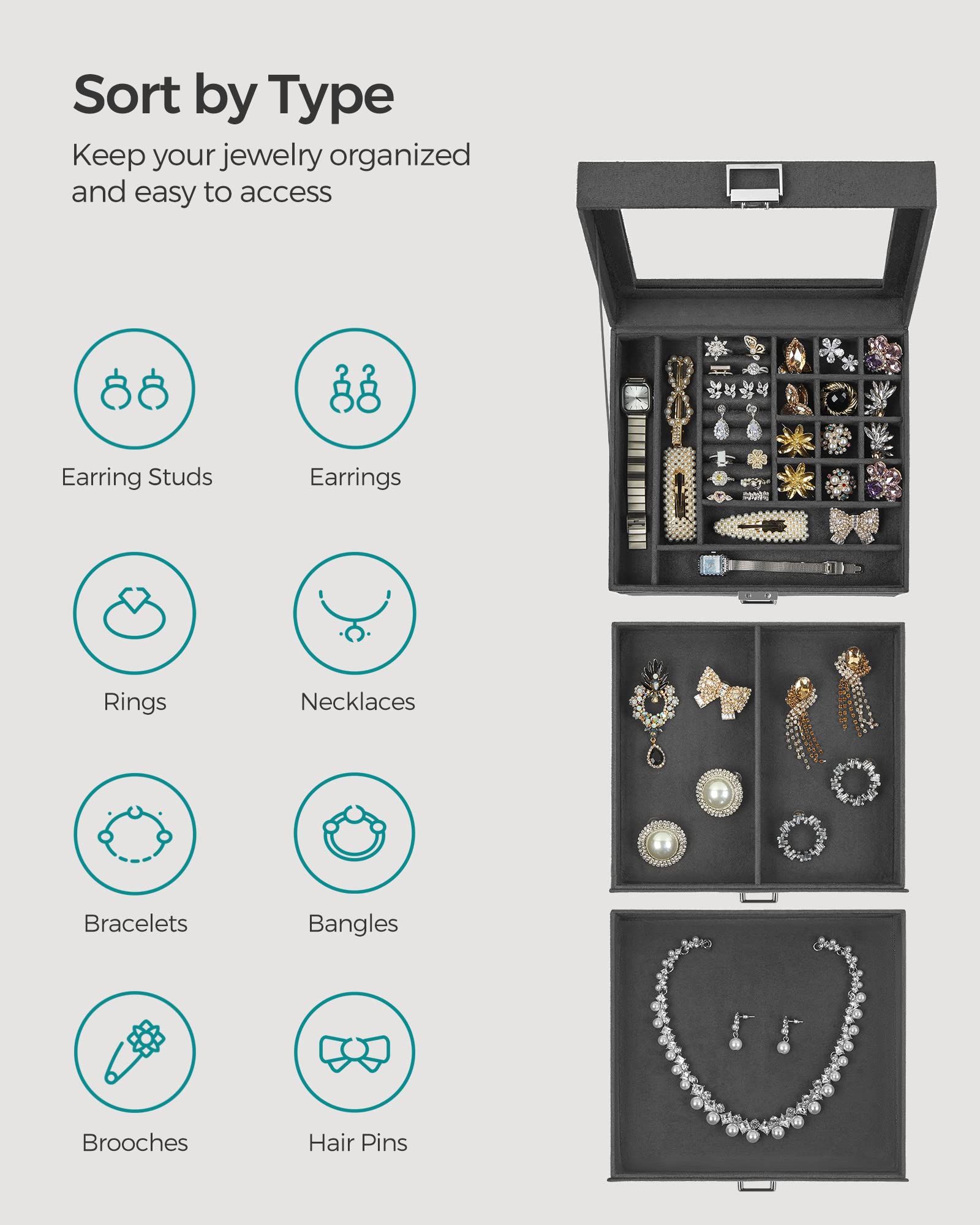 SONGMICS Jewelry Box, Lockable Jewelry Storage Organizer, Jewelry Case with Glass Window, for Rings, Earrings, Studs, Bracelets, Necklaces, Gray UJBC158G01