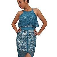 LuXi Women Sexy Elegant Blue Net Lace Midi Cocktail Sleeveless Dress