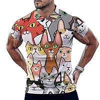 Colorful Doodle Cats Faces Men's Golf Polo-Shirt Short Sleeve Jersey Tees Casual Tennis Tops S