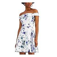 Womens White Zippered Floral Cap Sleeve Off Shoulder Short Party Fit + Flare Dress Juniors 11