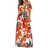 Women Off The Shoulder Ruffles Dress Casual Floral Beach Party Maxi Dresses Summer Printed Loose Cocktail Dress