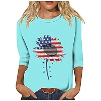 Women's Casual Independence Day O-Neck T-Shirt Loose Sunflower Butterfly Print 3/4 Sleeve T-Shirt Top Summer