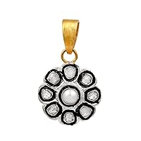 1.00 CTW Natural Diamond Polki Pearl Flower Pendant 925 Sterling Silver 14K Gold Plated with Black Enamel Slice Diamond Jewelry