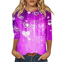 Womens Tops 3/4 Sleeve Shirts Round Neck Valentine's Day Shirts Cute Love Heart Graphic Tees Ladies Tunics