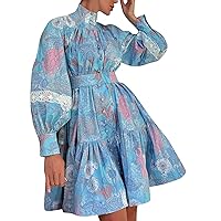 Plus Size Mother of The Groom Dresses,Women's Temperament Long Sleeved High Necked Printed Dress Backless Dress