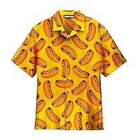 Hot Dog On Yellow Hot Dog Hawaiian Shirts for Men Short-Sleeve Beach Printed Button Summer,Hot Dog Lovers Shirt for Men