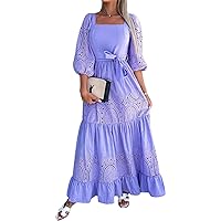 Womens Sexy Puff Sleeve Square Neck Lace Paneled Bodycon Belted Party Clubwear Long Dress