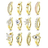 Jstyle 12Pcs 14G Clicker Belly Button Ring for Women Surgical Steel Belly Rings Gold Cute CZ Heart Butterfly Flower Simple Reverse Bar Navel Rings Hoop Belly Button Piercing Jewelry
