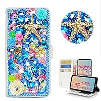 STENES Bling Wallet Phone Case Compatible with iPhone 15 Pro Max - Stylish - 3D Handmade Starfish Mermaid Anchor Flower Leather Cover with Neck Strap Lanyard & Screen Protector - Navy Blue