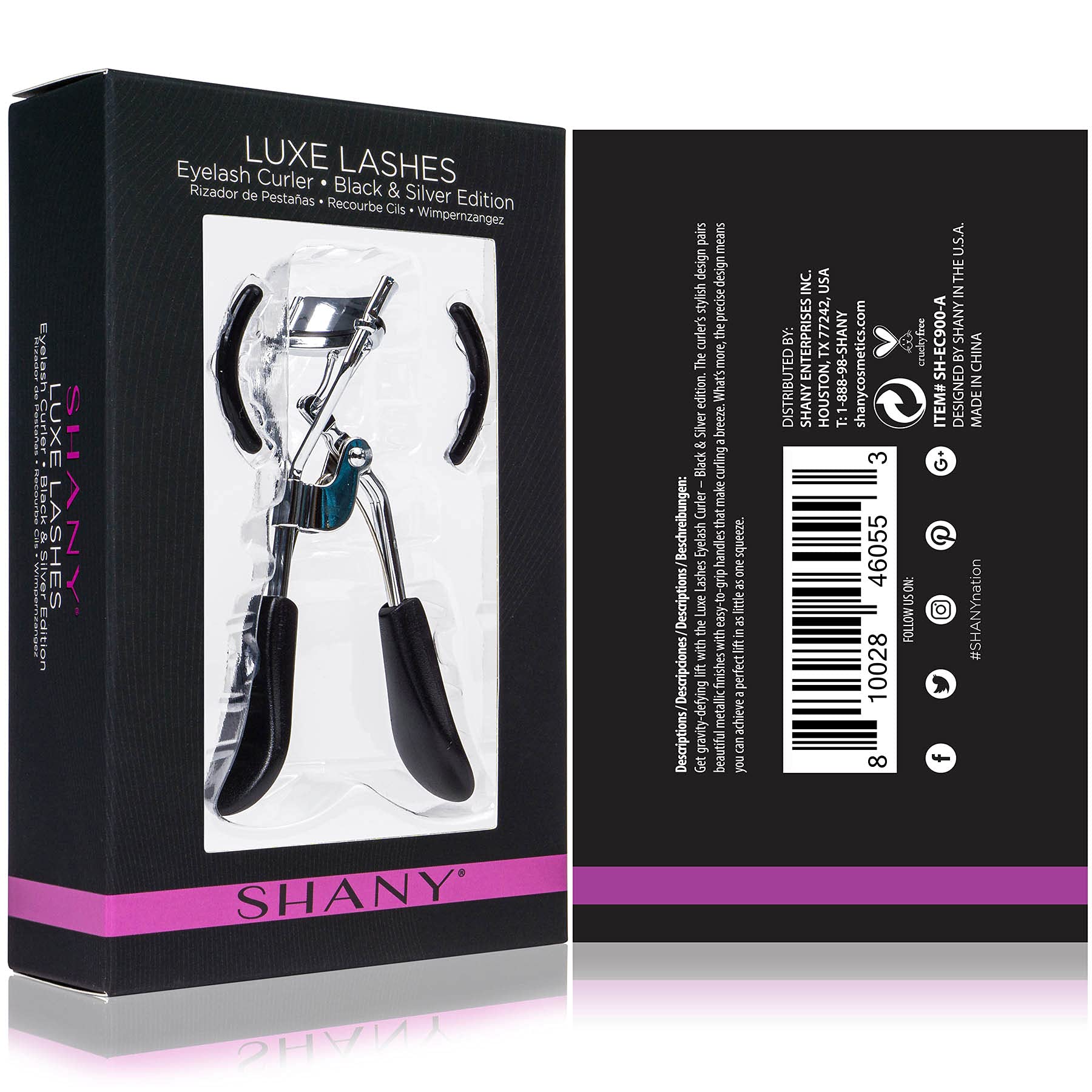 SHANY Luxe Lashes Eyelash Curler - Professional Makeup Tool for Eyelashes with Two Silicone Refill/Replacement Pads - Black and Silver