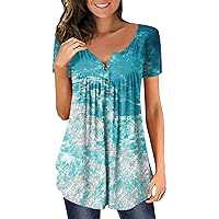 Womens Tunic Tops To Wear with Leggings, Womens Summer Plus Size Tunic Tops Short Sleeve Hide Belly Dandelion Henley Tshirt Funny Button V-Neck Casual Dressy Blouses