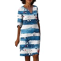 4Th of July Outfits for Women, Womens Casual Midi Sleeve Printed V Neck Loose Mid Length Oversized Dress, S, 3XL