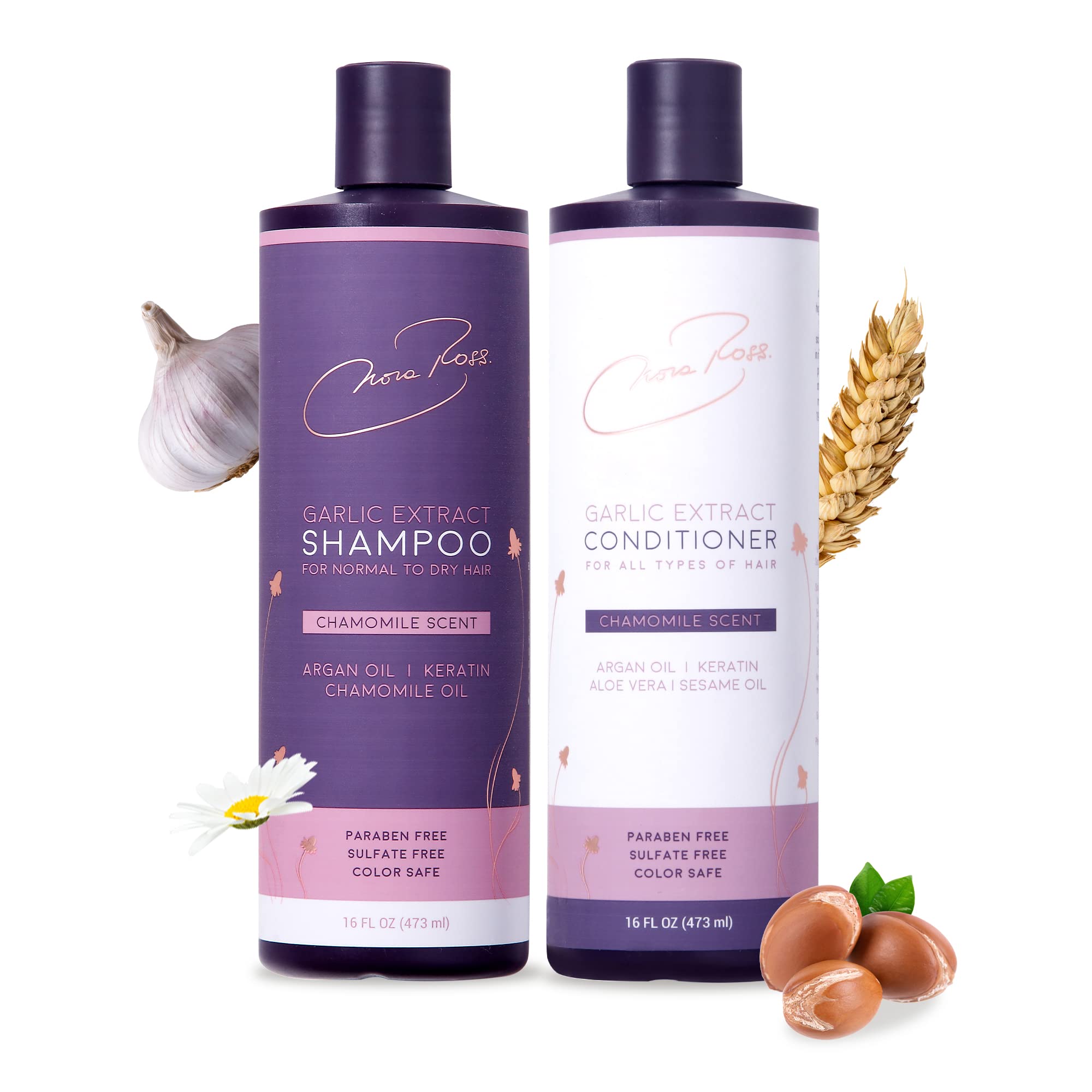 Nora Ross Garlic Shampoo & Conditioner for Normal to Dry Hair with Pleasant Chamomile Scent, Hair Thickening & Volumizing Shampoo, Clarifying Shampoo for Build Up with Keratin, Aloe Vera, Argan Oil & Wheat Amino Acids, 16 OZ