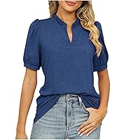 Women's Ruffle Trim V Neck T-Shirts Pleated Puff Sleeve Fashion Tops Summer Tee Blouses Casual Loose Fit Tunic Shirt