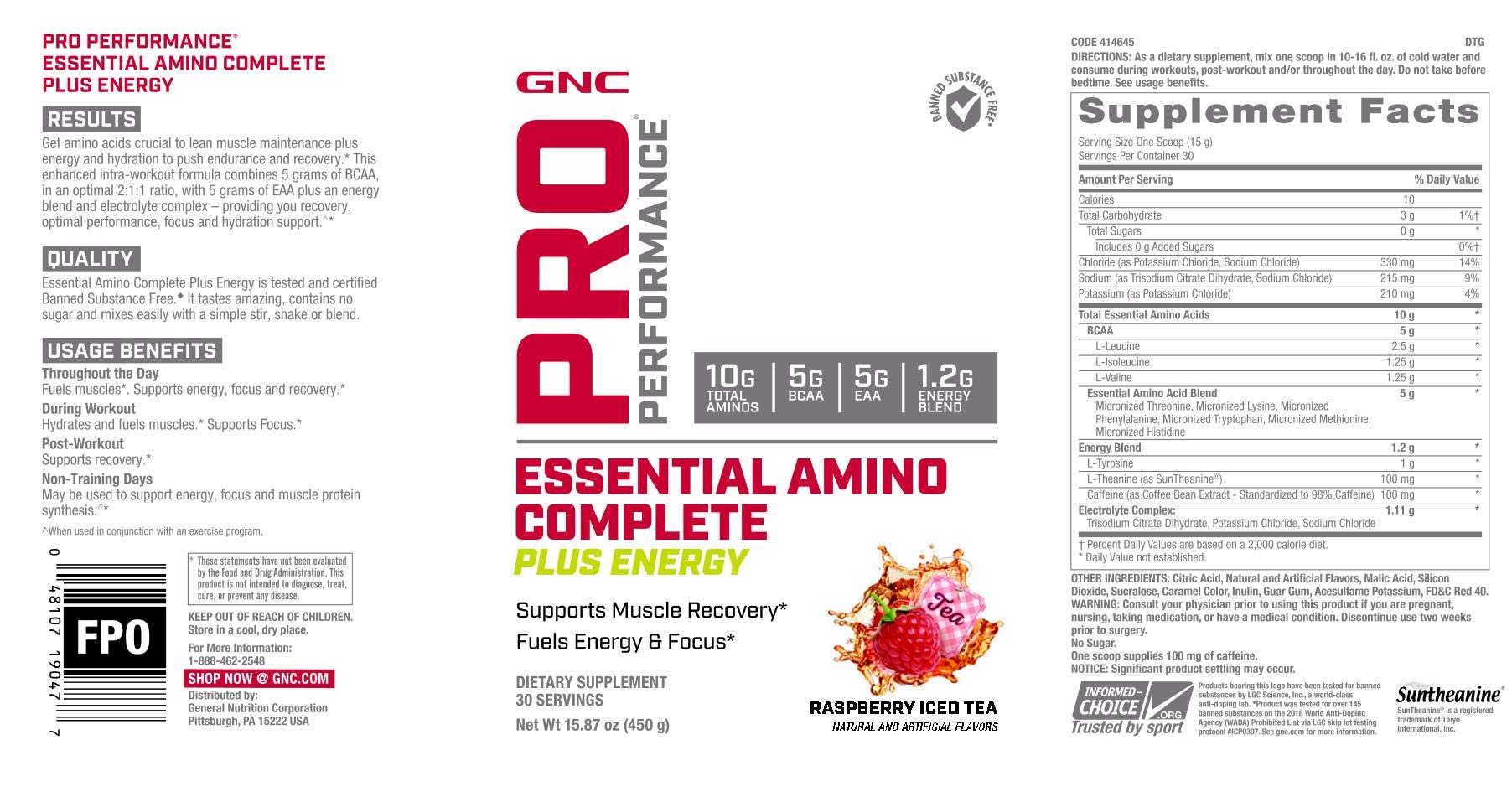 GNC Pro Performance Essential Amino Complete Plus Energy - Raspberry Iced Tea - 15.9 oz.