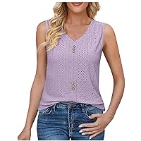 Women Summer Tops Sleeveless Eyelet Fabric Tshirts Casual V Neck Tank Tops Slim Fit Comfy Button Vest Beach Shirts