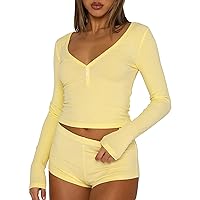 Women Y2K 2 Piece Pajama Sets PJs Sweatsuits Ribbed Long Sleeve Button Down Crop Top and Shorts Lounge Sleepwear