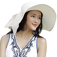 Womens 5.5 Inches Big Bowknot Straw Hat Large Floppy Foldable Roll up Beach Cap Sun Hat UPF 50+