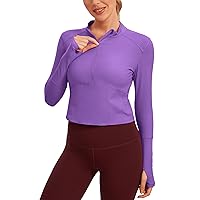 CRZ YOGA Women's 1/2 Zip Long Sleeve Crop Top Stretchy Sports Fitness Tops Running Gym Shirts with Thumb Holes