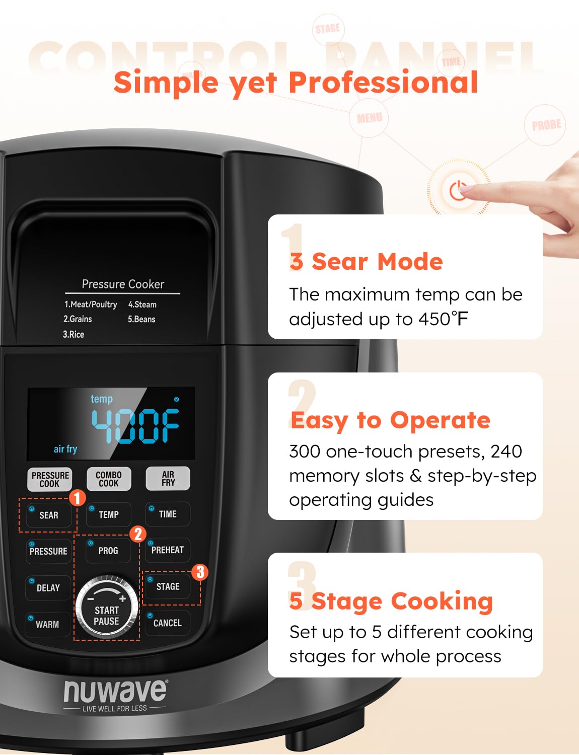 NuWave Duet Air Fryer, Electric Pressure Cooker & Grill Combo, 540 IN 1 Multicooker with 3 Removable Lids that Slow Cook, Sears, Sautés, 18/10 SS Pot, Sure-Lock Safety Tech & 10 Deluxe Accessories