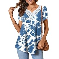 CATHY Women Summer Tunic Tops Short Sleeve T-Shirt V-Neck Crochet Lace Blouses Casual Pleated Pullover