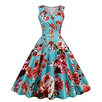 Women 50s 60s Vintage Wrap V-Neck Cocktail Swing Dress 1950s Wedding Party Evening Prom Floral Sleeveless Dresses