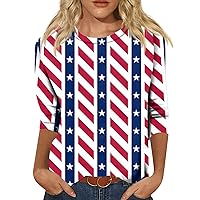Independence Day Plus Size Three Quarter Sleeve T Shirts for Women USA Printed Crewneck Tees for Ladies