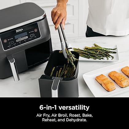 Ninja DZ201 Foodi 8 Quart 6-in-1 DualZone 2-Basket Air Fryer with 2 Independent Frying Baskets, Match Cook & Smart Finish to Roast, Broil, Dehydrate & More for Quick, Easy Meals, Grey