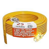 HUANCHAIN 12/3 Gauge Heavy Duty Outdoor Extension Cord 25 ft Waterproof with Lighted end, Flexible Cold-Resistant 3 Prong Electric Cord Outside, 15Amp 1875W 12AWG SJTW, Yellow, ETL
