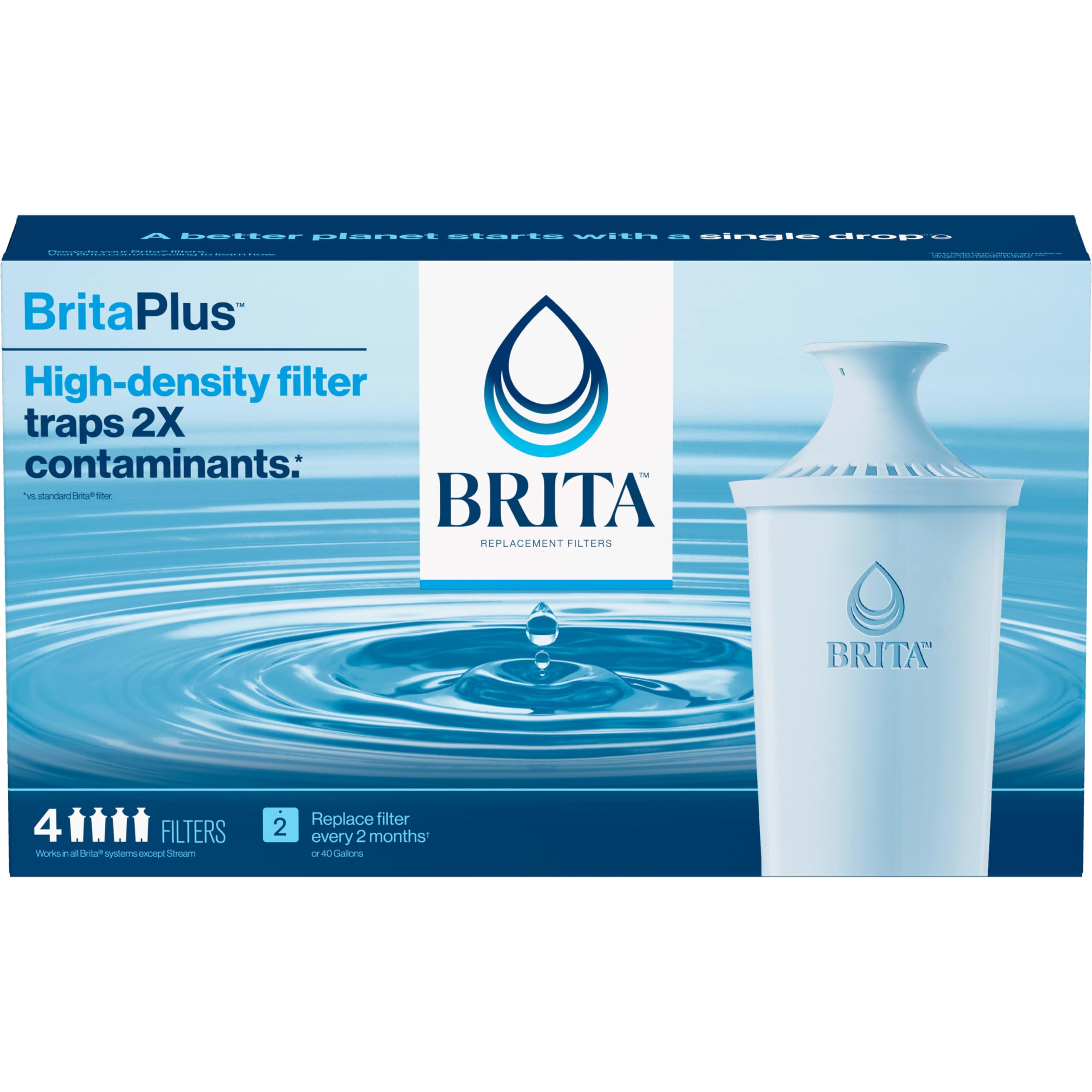 Brita Plus Water Filter, High Density Replacement Filter for Pitchers and Dispensers, Reduces 2x Contaminants*, Lasts 2 Months, 4 Count