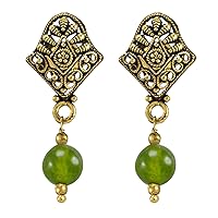 Silvesto India Yellow-Brass, Handmade Jewelry Manufacturer Round 6mm Beaded Olive Green Quartz, Jaipur Rajasthan India Drop Earring