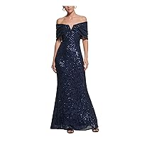 Vince Camuto Womens Navy Sequined Zippered Lined Boning Ruched Elbow Sleeve Off Shoulder Full-Length Evening Gown Dress 2