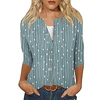 Womens Cotton Linen Button Down Shirt 2024 Spring Summer Casual 3/4 Sleeve Trendy Printed Blouse Loose Work Tops