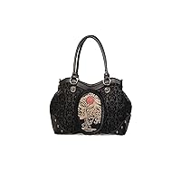 Gothic Flocked Skull Cameo Skull Lady Rose Black Handbag, Large