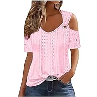 Women Sexy Cold Shoulder Eyelet Tops O-Neck Short Sleeve Loose Fit T Shirts Solid Color Summer Shirt Blouse Tops