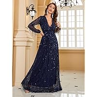 Women's Dress Surplice Neck Self Belted Sequin Formal Evening Gown Dresses for Women (Color : Navy Blue, Size : Large)