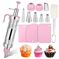 Icing Decoration Gun Set Cake Decorating Tools Dessert Decorator Syringe 6 Russian Piping Icing Nozzles 3 Cream Scraper Stainless Steel Cupcake Frosting Filling Injector Cake Icing Tool(Pink)