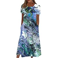 Dresses for Women 2024 Gradient Color Crewneck Fashion Elegant Short Sleeve Swing Maxi Flairy Womens Summer Dresses