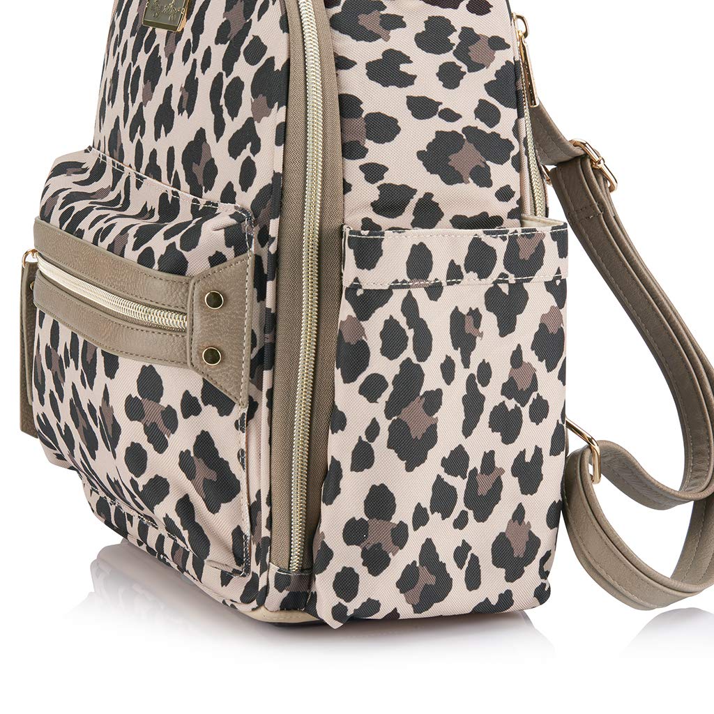 Itzy Ritzy Chic Mini Diaper Bag Backpack Made of Printed Polyester with Vegan Leather Changing Pad, 8 Total Pockets (4 Internal + 4 External), Handle & Rubber Feet, Leopard