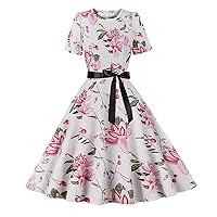 XJYIOEWT Black Sequin Dress,Women's Vintage Print Cocktail Dresses Short Sleeve Swing Party Dresses Big Swing Puffy Dres