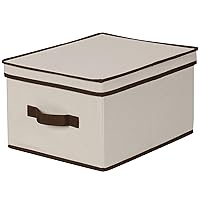 Household Essentials 513 Storage Box with Lid and Handle - Natural Beige Canvas with Brown Trim - Large