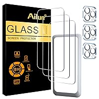 Ailun 3 Pack Screen Protector for iPhone 15 Pro Max [6.7 inch] + 3 Pack Camera Lens Protector with Installation Frame,Sensor Protection,Dynamic Island Compatible,Case Friendly Tempered Glass Film