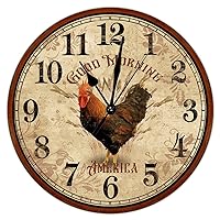 Vintage Black Rooster Wooden Wall Clock Rustic Rooster Hen Good Morning Wooden Clocks Silent Battery Operated Wall Clock 12Inch Round Wall Clock Tuscan Country Style for Kitchen Dinning Room