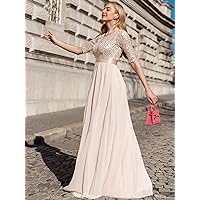 Fall Dresses for Women 2022 Sequin Bodice Chiffon Prom Dress (Color : Apricot, Size : Small)