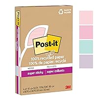 Post-it 100% Recycled Paper Super Sticky Notes, 2X The Sticking Power, 4x6 in, Lined, 4 Pads/Pack, 45 Sheets/Pad, Wanderlust Pastels Collection (4621R-4SSNRP)