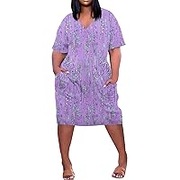 Dresses for Women 2024 Summer Plus Size V Neck Short Sleeve Knee Pocket Prints Casual Dress