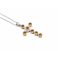November Birthstone Natural Yellow Citrine 5 MM Round Holy Cross Pendant Necklace 925 Sterling Silver Citrine Jewelry Proposal Gift For Girlfriend